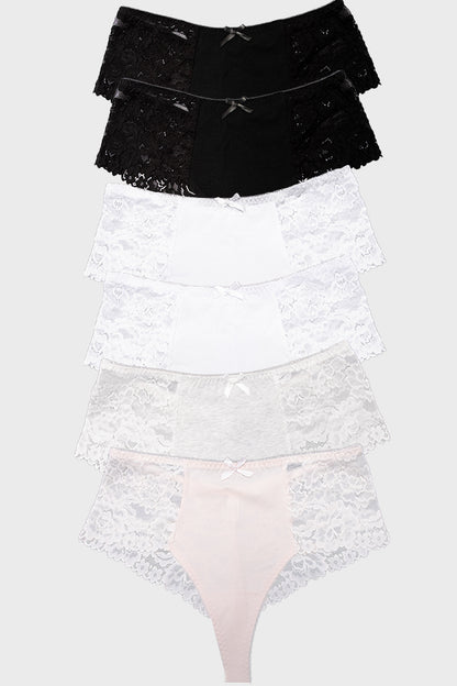 Dollcini, ženske tangice z visokim pasom, brazilske ženske tangice, čipkaste ženske tangice -95% bombaž + spandex, večbarvne, paket 6 kosov