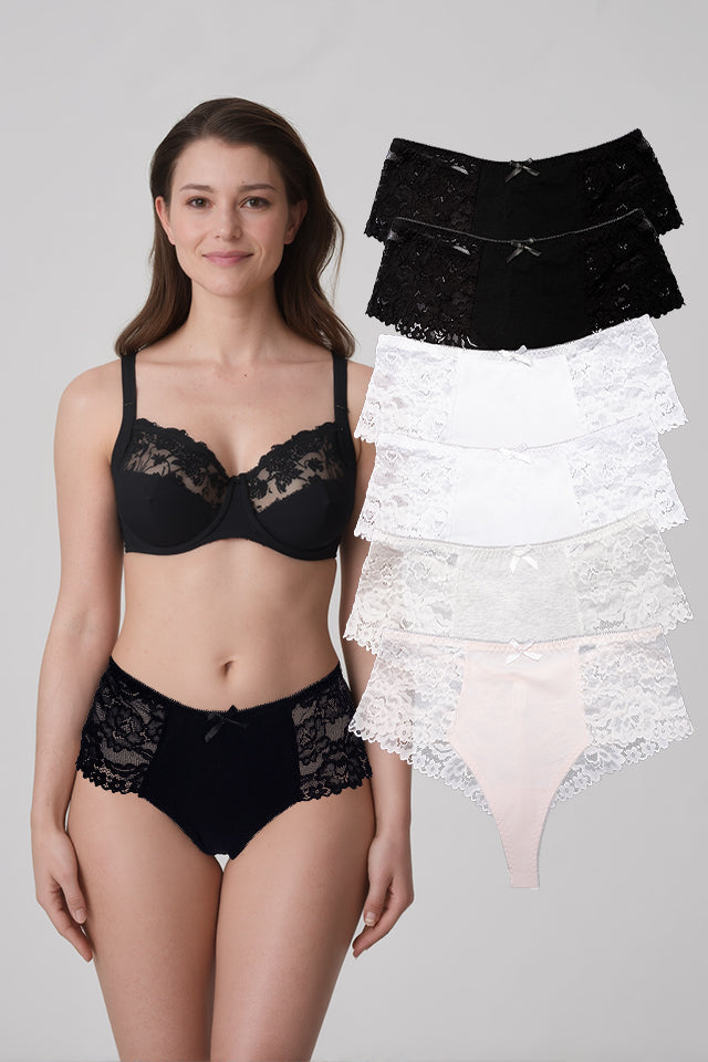Dollcini, ženske tangice z visokim pasom, brazilske ženske tangice, čipkaste ženske tangice -95% bombaž + spandex, večbarvne, paket 6 kosov