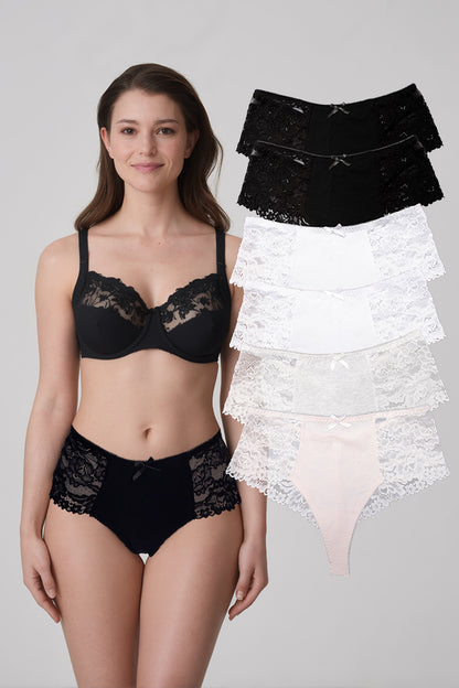 Dollcini, ženske tangice z visokim pasom, brazilske ženske tangice, čipkaste ženske tangice -95% bombaž + spandex, večbarvne, paket 6 kosov