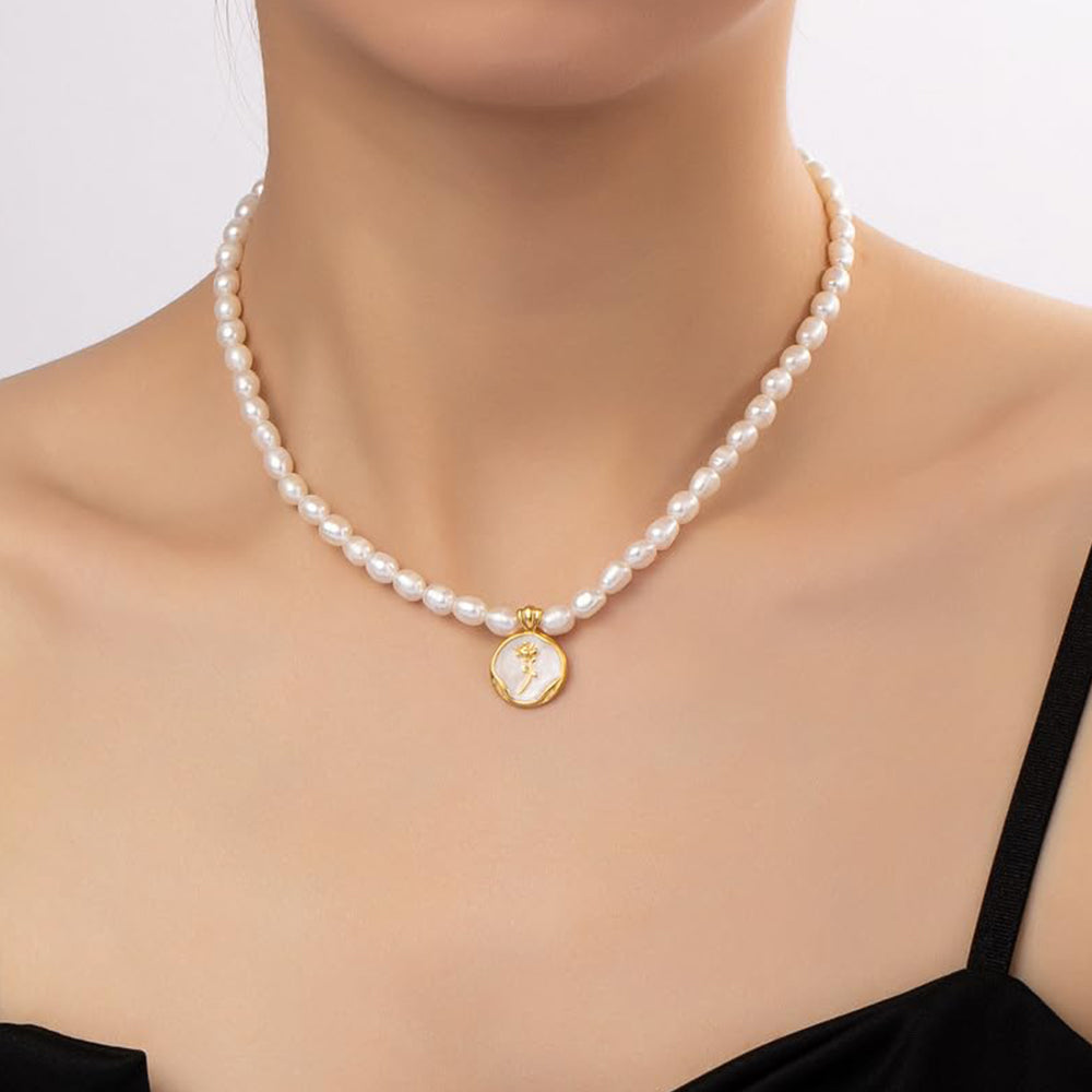 Dollcini Pearl Bead Necklace with Flower Pendant – Rose or Tulip