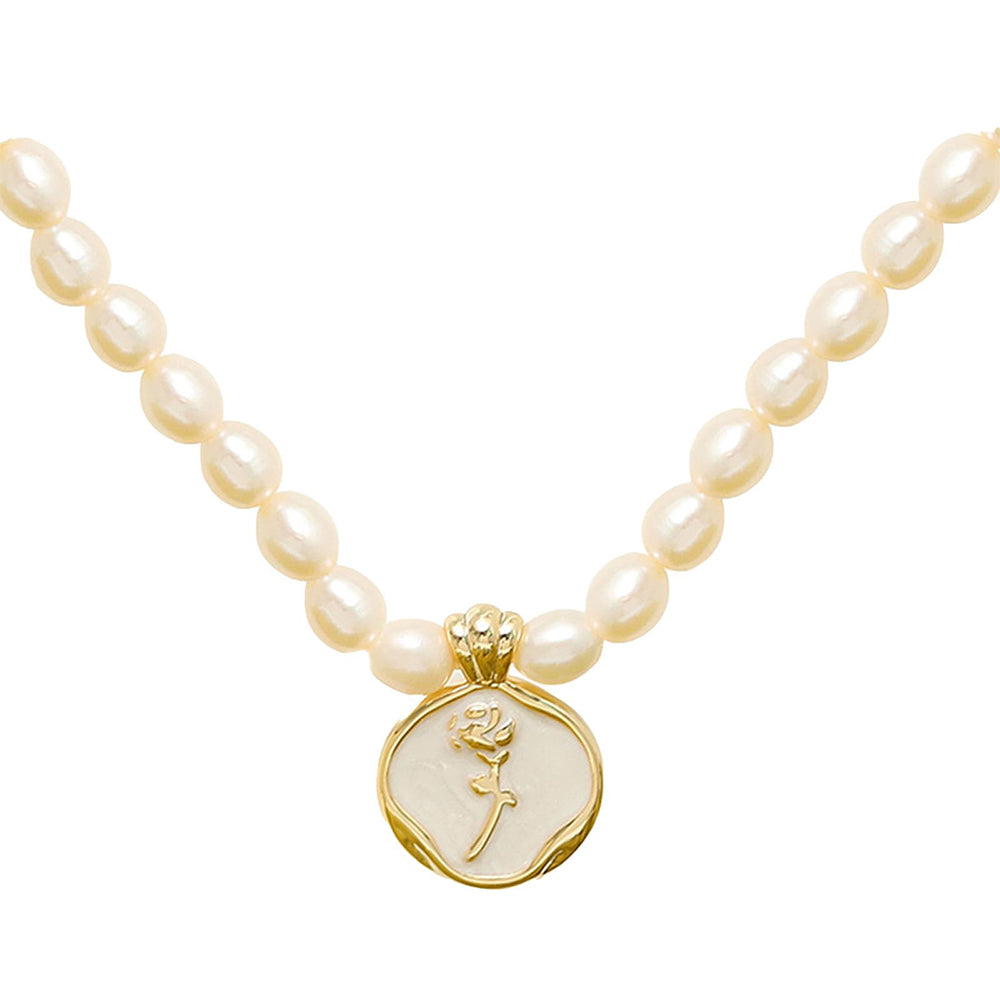 Dollcini Pearl Bead Necklace with Flower Pendant – Rose or Tulip
