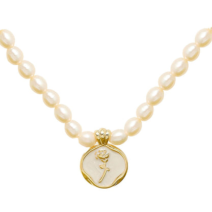 Dollcini Pearl Bead Necklace with Flower Pendant – Rose or Tulip