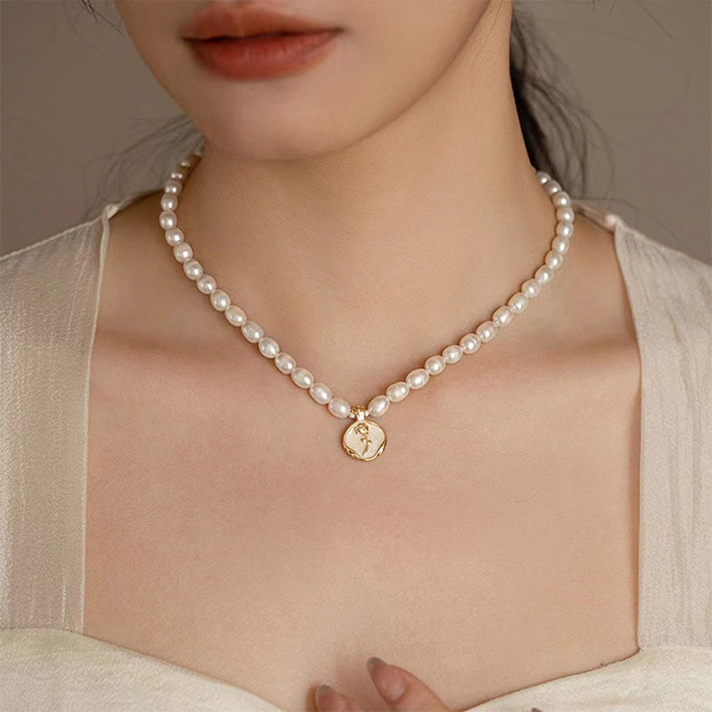 Dollcini Pearl Bead Necklace with Flower Pendant – Rose or Tulip