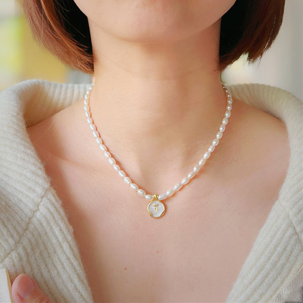 Dollcini Pearl Bead Necklace with Flower Pendant – Rose or Tulip
