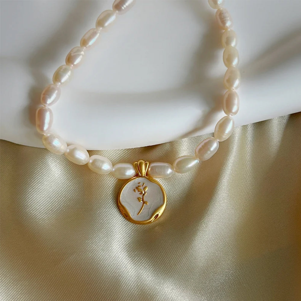 Dollcini Pearl Bead Necklace with Flower Pendant – Rose or Tulip