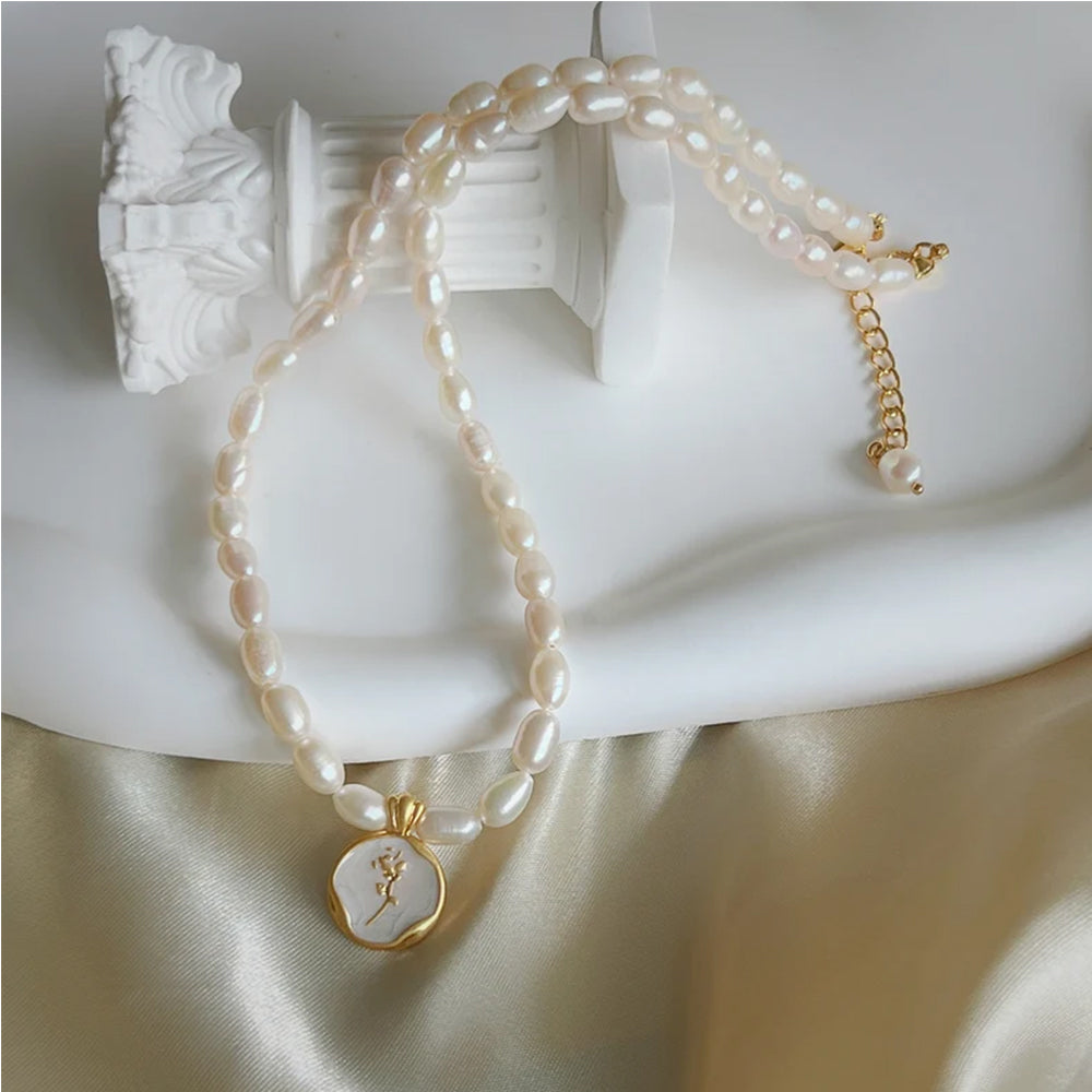 Dollcini Pearl Bead Necklace with Flower Pendant – Rose or Tulip