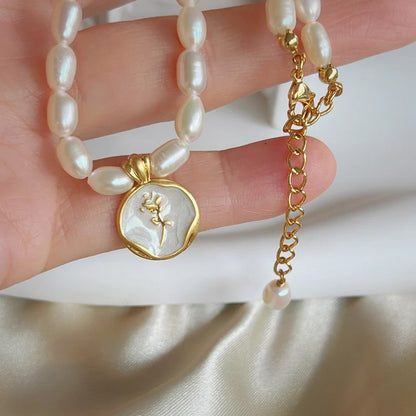 Dollcini Pearl Bead Necklace with Flower Pendant – Rose or Tulip