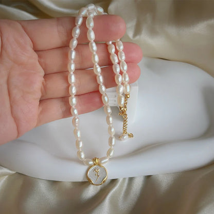 Dollcini Pearl Bead Necklace with Flower Pendant – Rose or Tulip