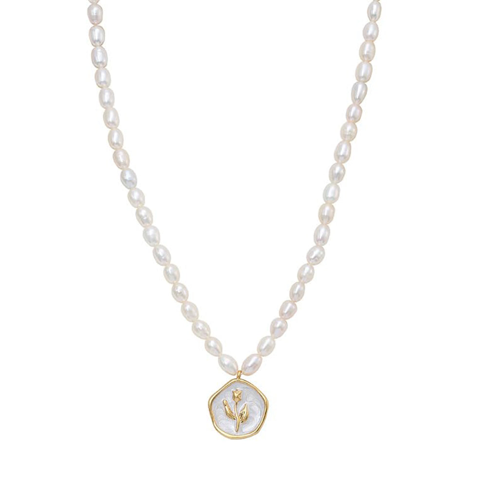 Dollcini Pearl Bead Necklace with Flower Pendant – Rose or Tulip