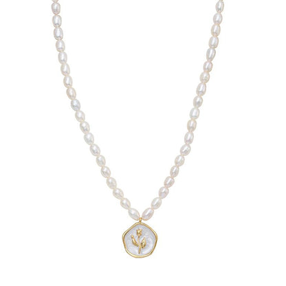 Dollcini Pearl Bead Necklace with Flower Pendant – Rose or Tulip