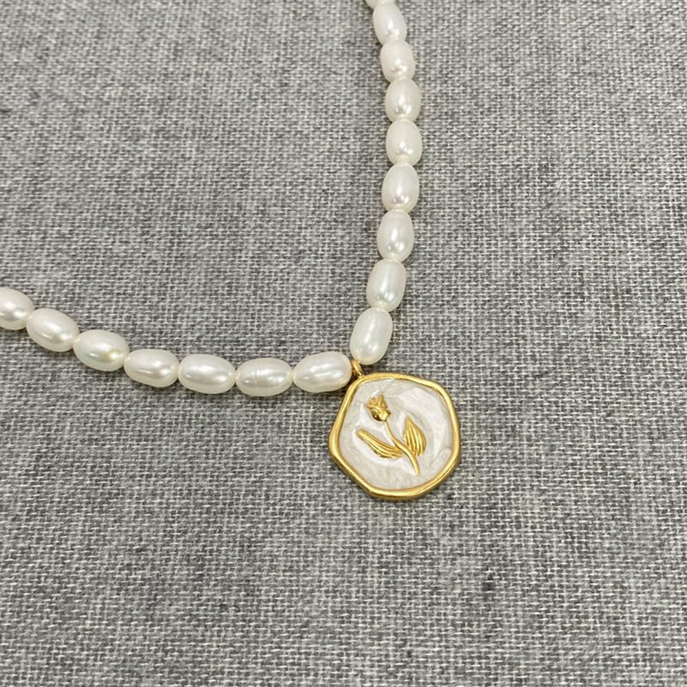 Dollcini Pearl Bead Necklace with Flower Pendant – Rose or Tulip