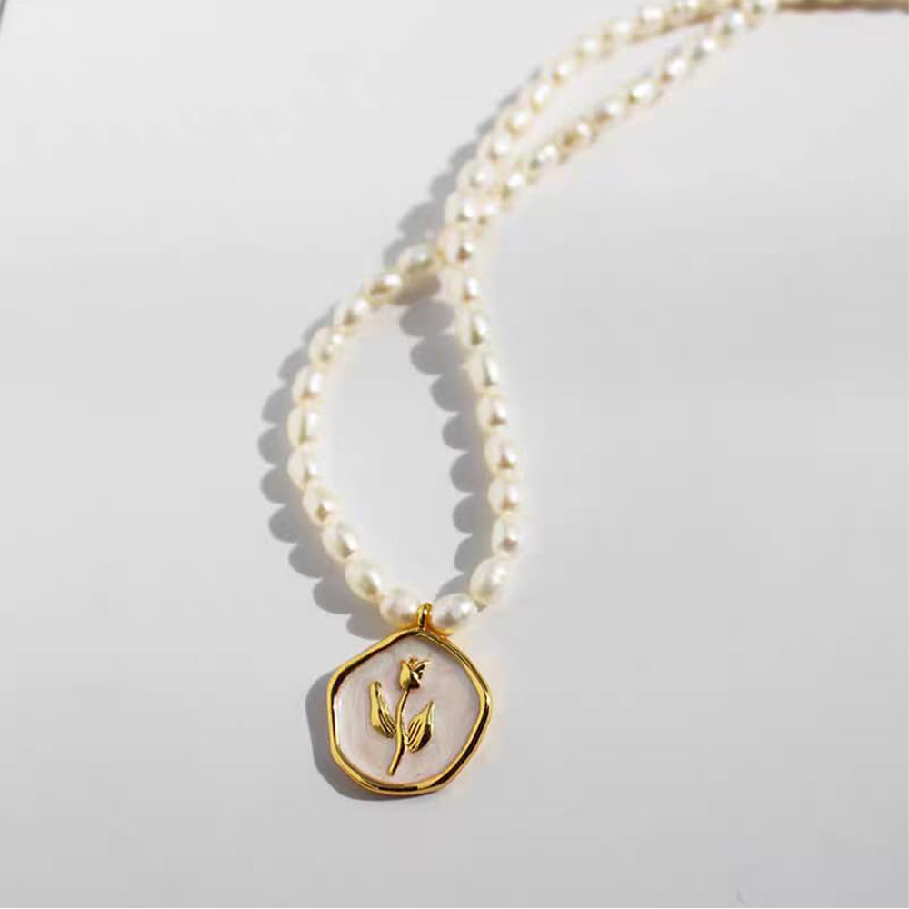 Dollcini Pearl Bead Necklace with Flower Pendant – Rose or Tulip