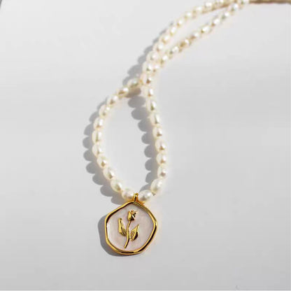 Dollcini Pearl Bead Necklace with Flower Pendant – Rose or Tulip