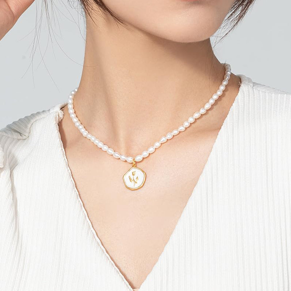 Dollcini Pearl Bead Necklace with Flower Pendant – Rose or Tulip