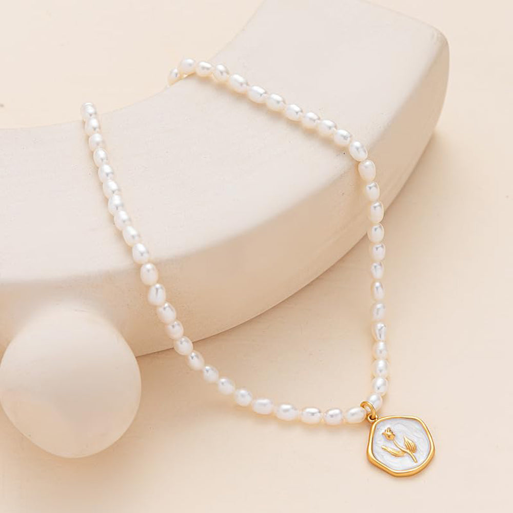 Dollcini Pearl Bead Necklace with Flower Pendant – Rose or Tulip