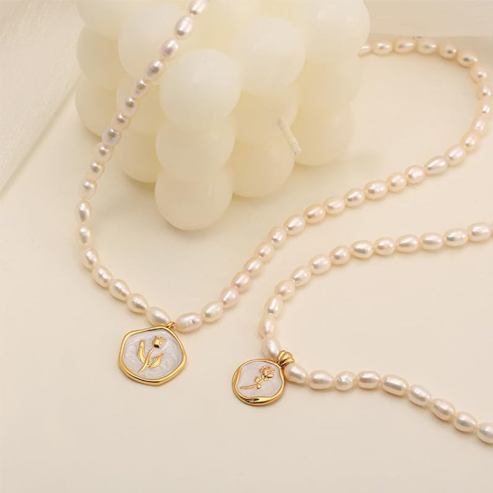 Dollcini Pearl Bead Necklace with Flower Pendant – Rose or Tulip