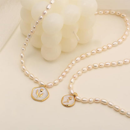 Dollcini Pearl Bead Necklace with Flower Pendant – Rose or Tulip