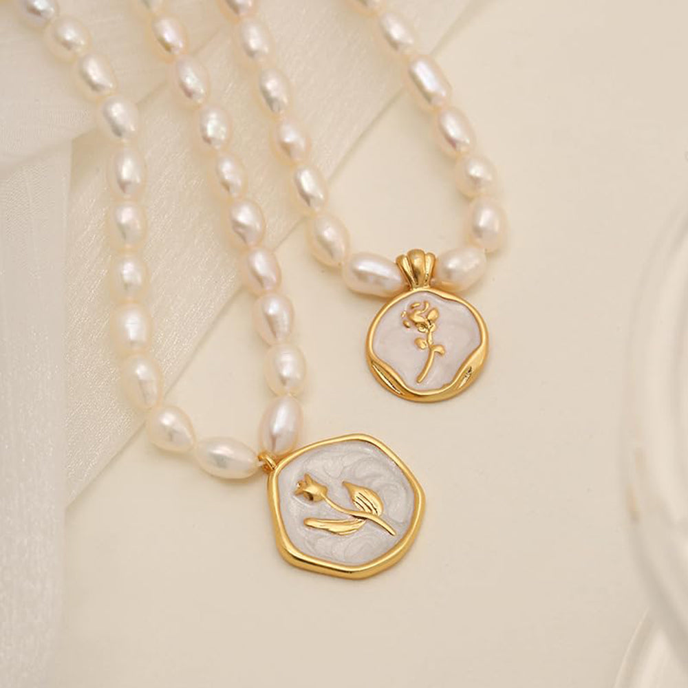 Dollcini Pearl Bead Necklace with Flower Pendant – Rose or Tulip