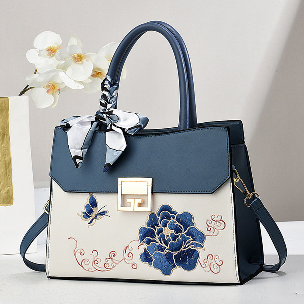Dollcini Embroidered Women's Shoulder Bag (With Scarf) - Elegant Faux Leather Handbag, Blue or Red