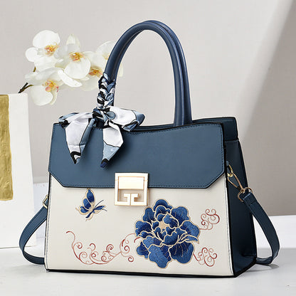 Dollcini Embroidered Women's Shoulder Bag (With Scarf) - Elegant Faux Leather Handbag, Blue or Red