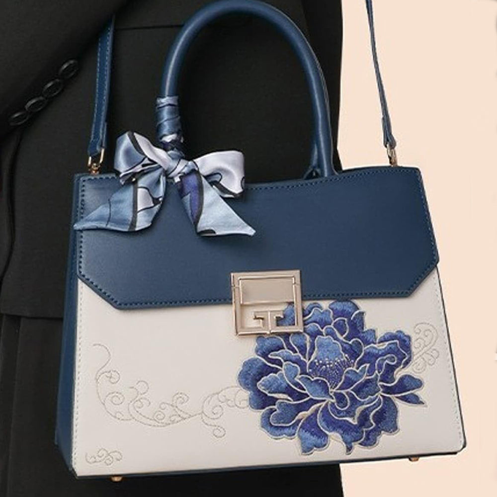Dollcini Embroidered Women's Shoulder Bag (With Scarf) - Elegant Faux Leather Handbag, Blue or Red