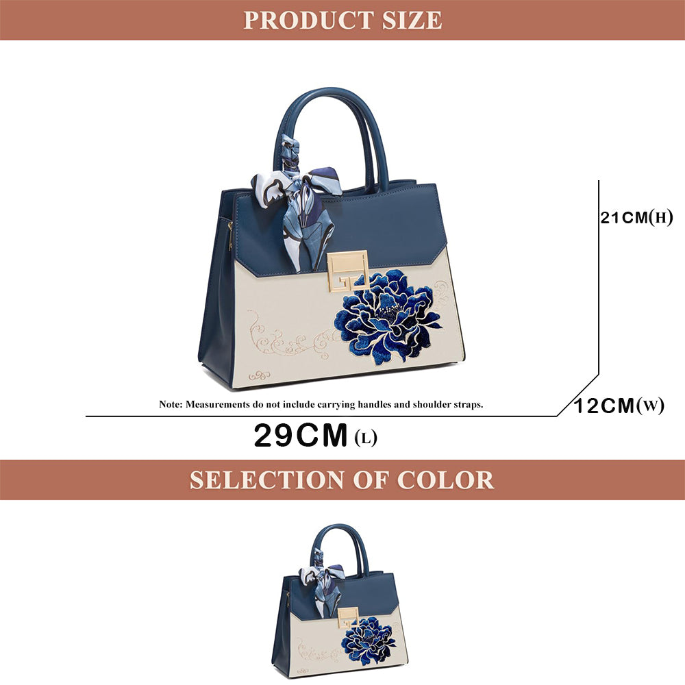 Dollcini Embroidered Women's Shoulder Bag (With Scarf) - Elegant Faux Leather Handbag, Blue or Red