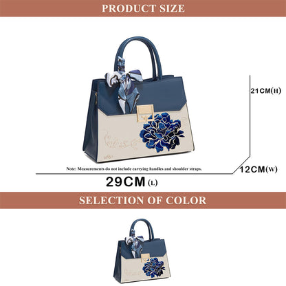 Dollcini Embroidered Women's Shoulder Bag (With Scarf) - Elegant Faux Leather Handbag, Blue or Red