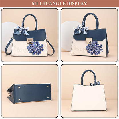 Dollcini Embroidered Women's Shoulder Bag (With Scarf) - Elegant Faux Leather Handbag, Blue or Red
