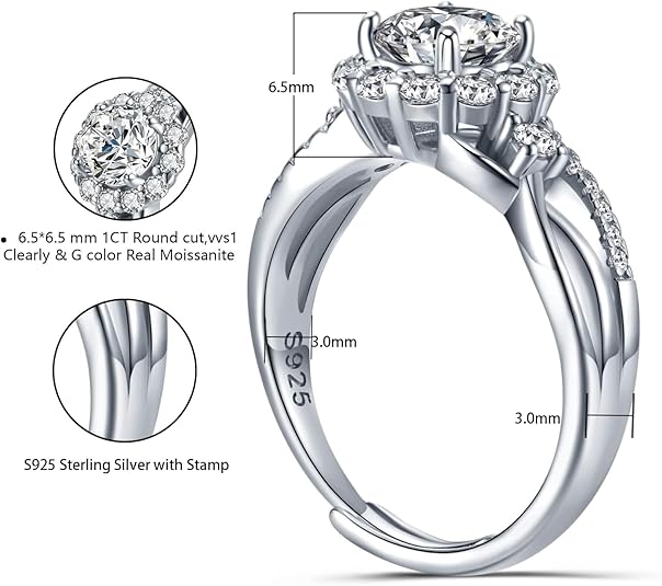Dollcini Inel Moissanite de 1 Carat - Argint 925, Cu Certificat GRA