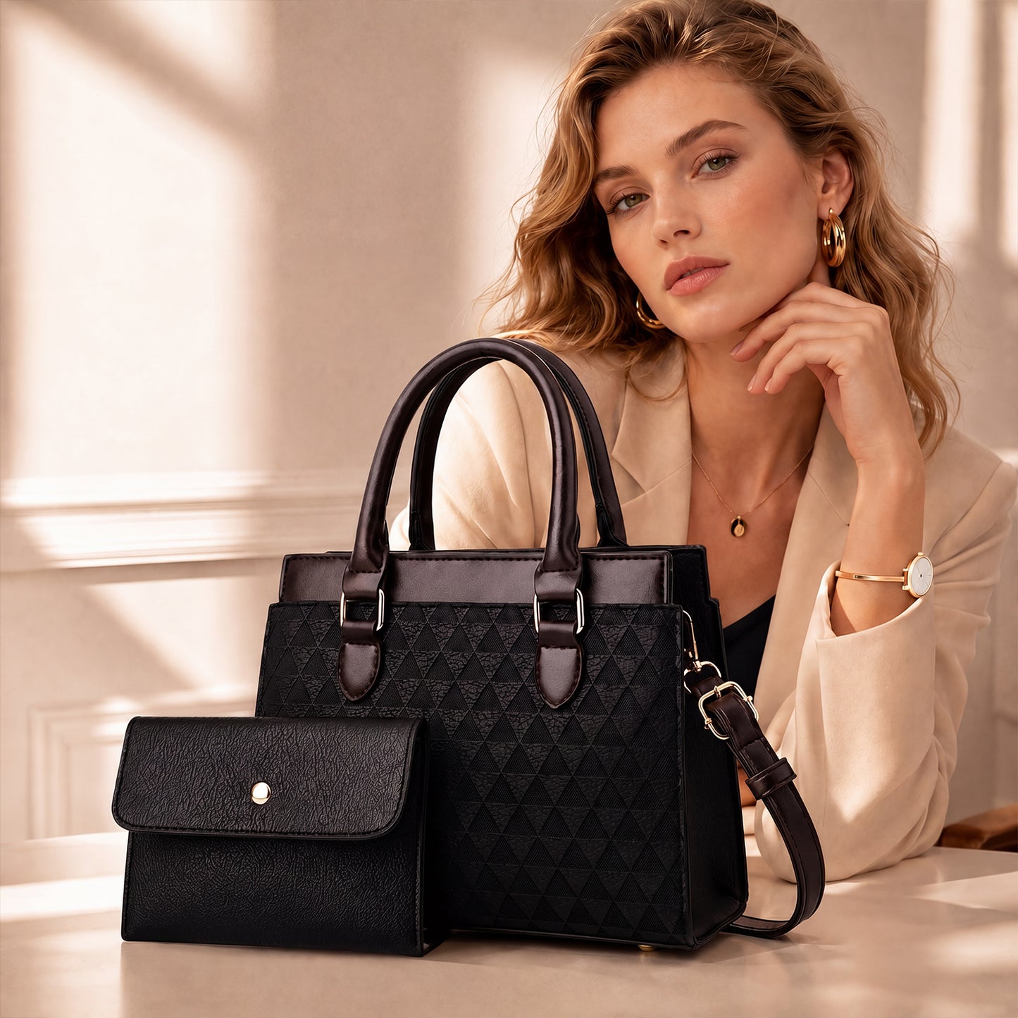 Dollcini Women's Large Tote Handbag and Wallet Set – Elegant, Zippered, with Shoulder Strap