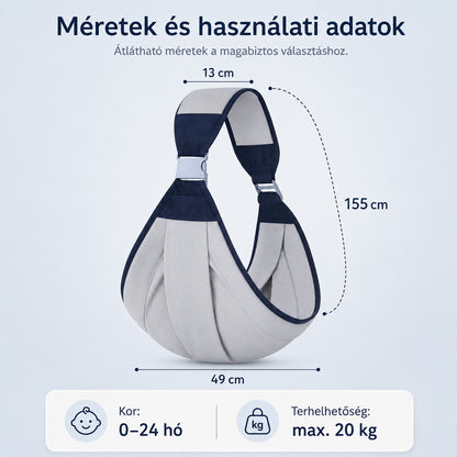 Dollcini Állítható Baba Hordozókendő – Szürke, 0–24 hó, max. 20 kg