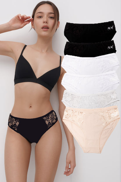 Dollcini, Chiloți clasici pentru femei, Chiloți din dantelă cu model floral, 95% bumbac + spandex - Multicolor, Pachet de 6 bucăți