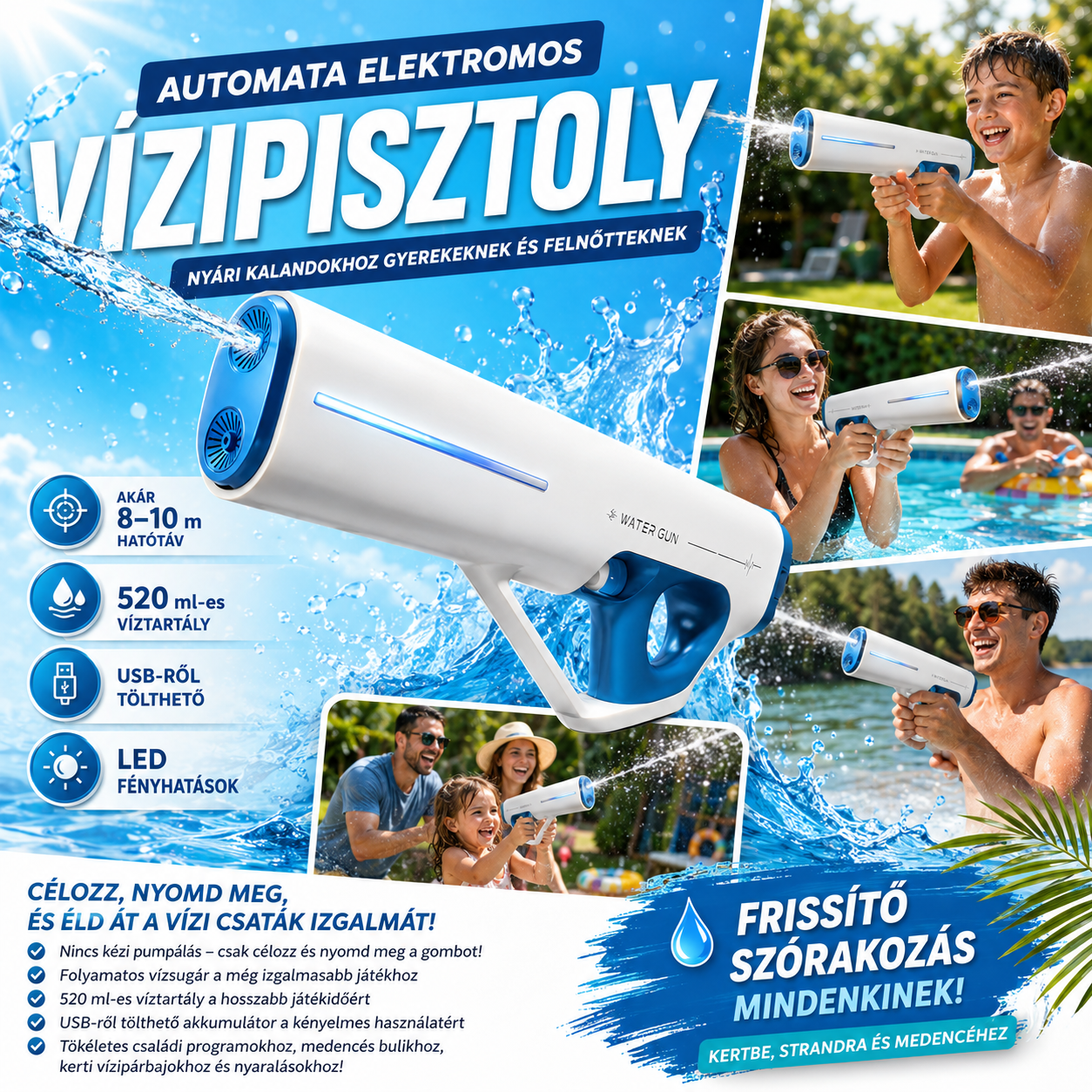 Dollcini Automata Elektromos Vízipisztoly – USB Tölthető, LED Fényes, 520 ml
