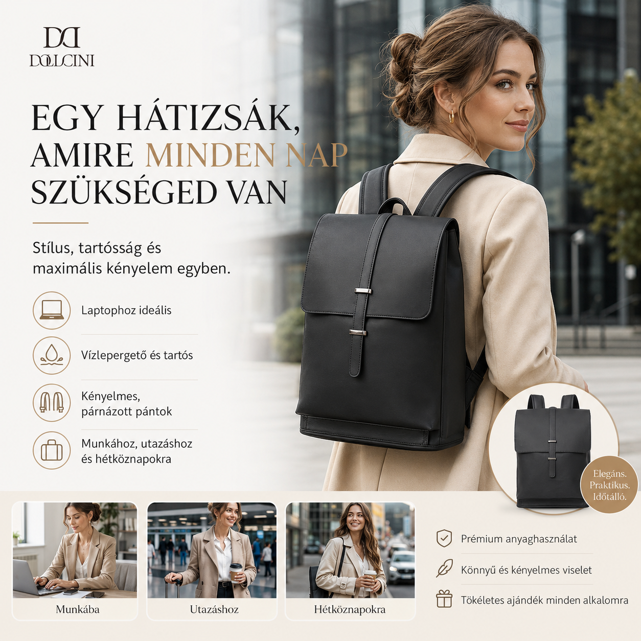 Dollcini Elegance  Női Hátizsák – Prémium Vízálló PU Laptoptáska