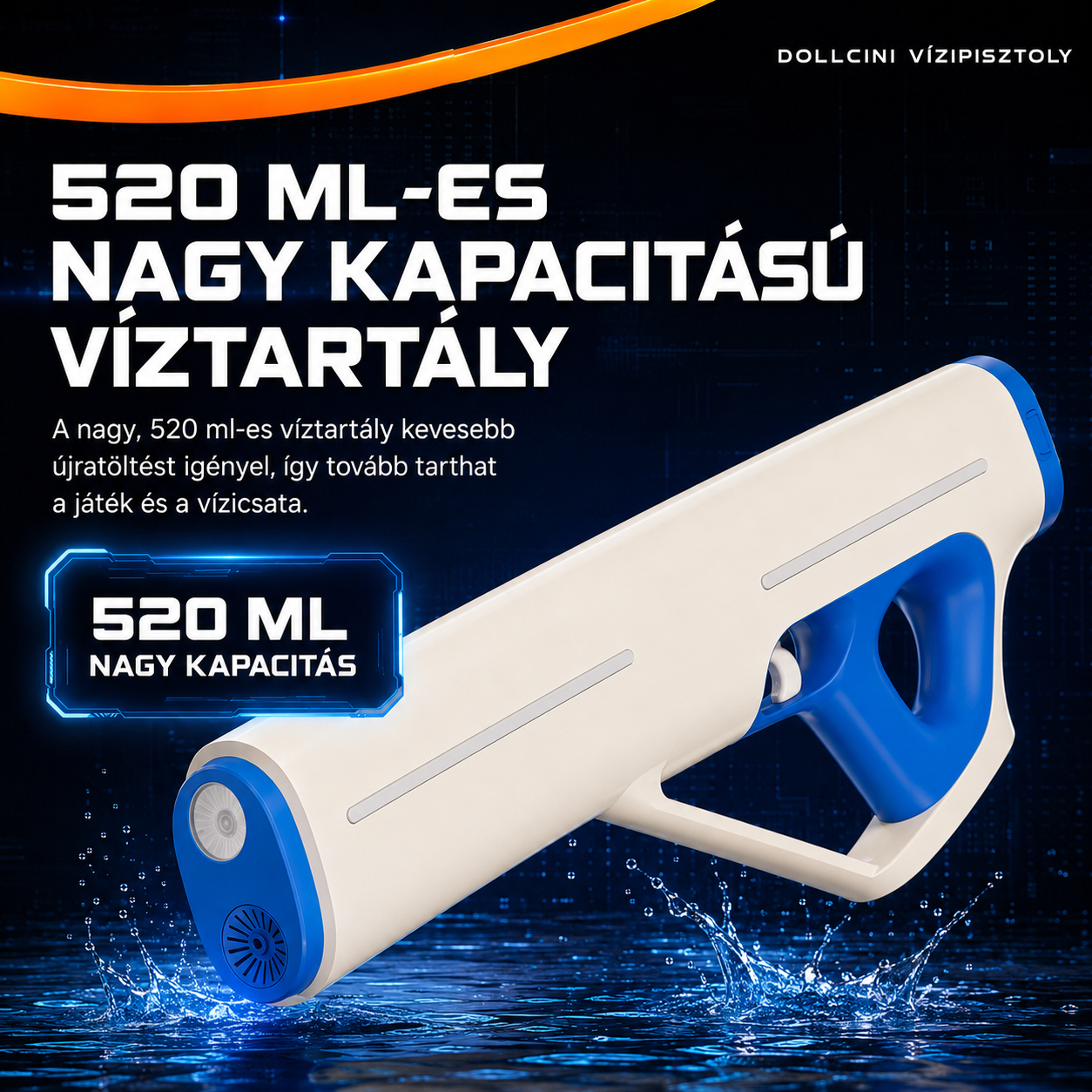 Dollcini Automata Elektromos Vízipisztoly – USB Tölthető, LED Fényes, 520 ml