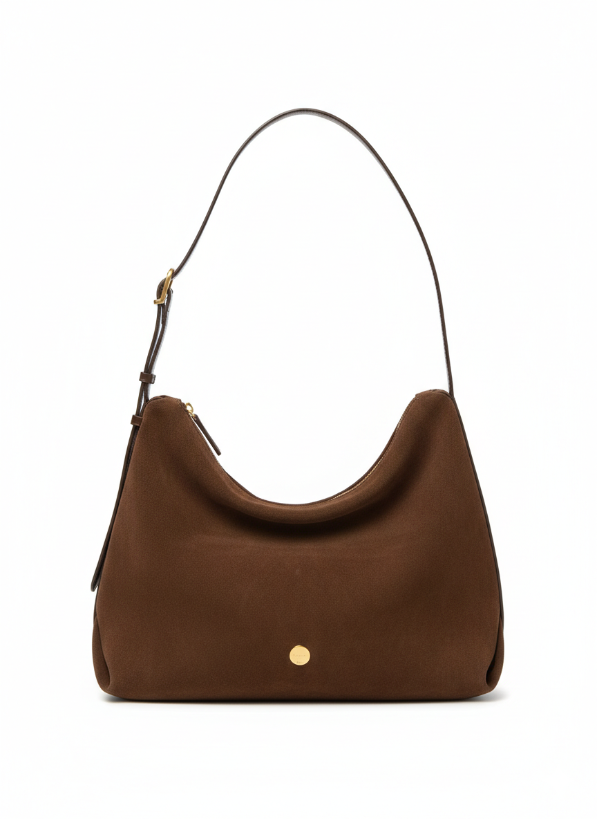 Dollcini Women's Brown Suede Handbag – Zippered, Vegetable-Tanned Leather