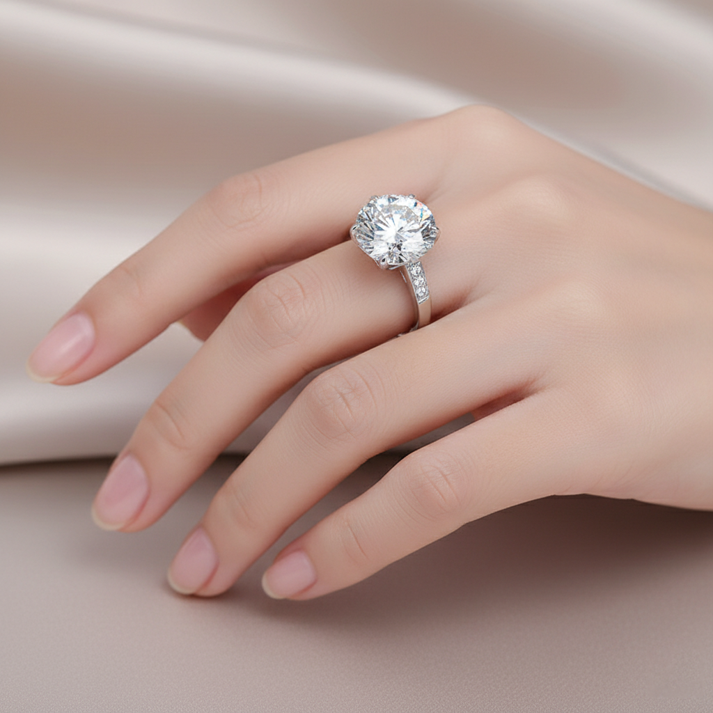 Dollcini 10 Carat Moissanite Ring – 925 Sterling Silver, Classic Six-Prong Setting (Adjustable Size)