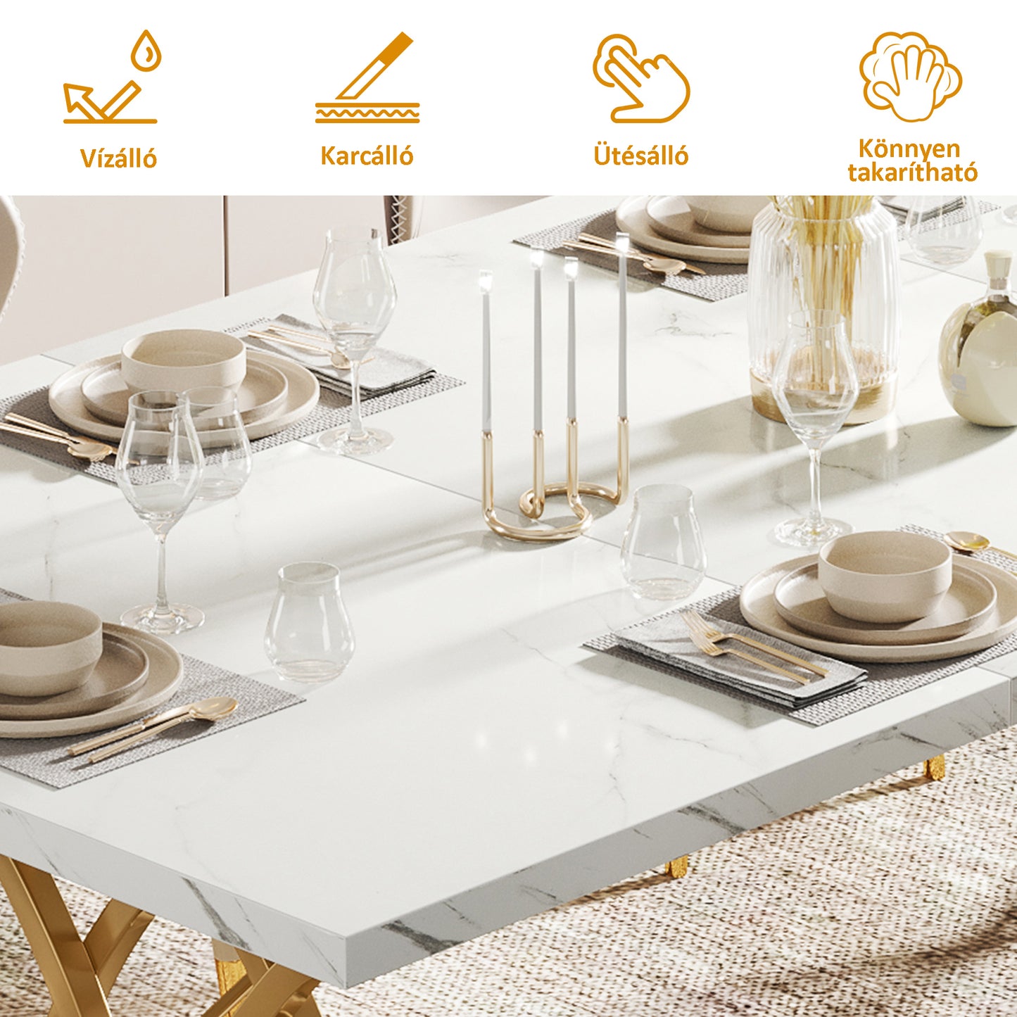 Dollcini Otthon Marble Effect Dining Table with Gold Legs