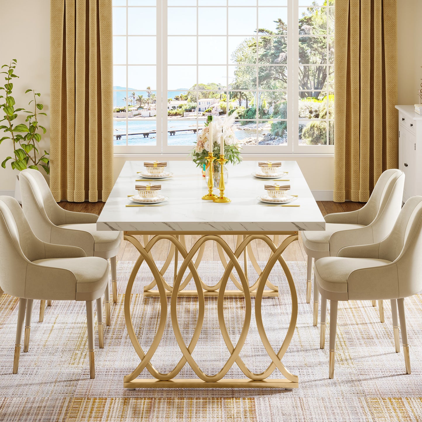 Dollcini Otthon Marble Effect Dining Table with Gold Legs