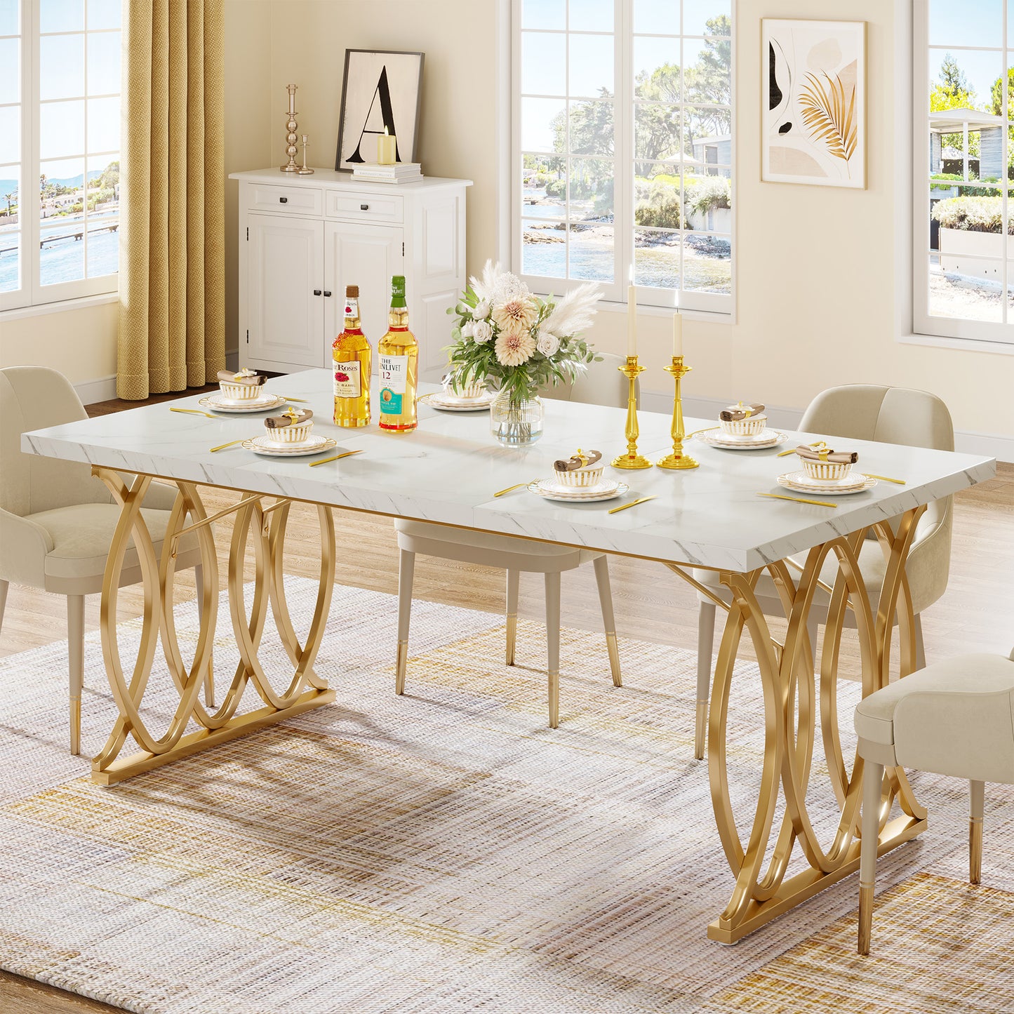Dollcini Otthon Marble Effect Dining Table with Gold Legs