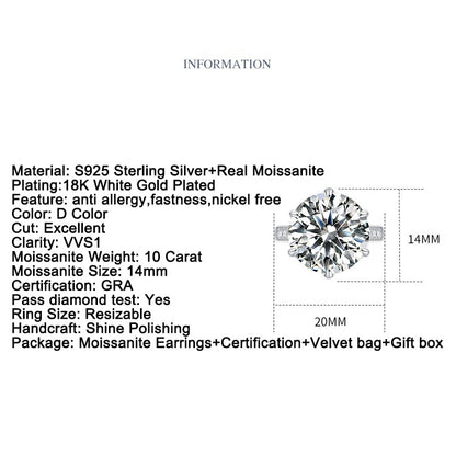 Dollcini 10 Carat Moissanite Ring – 925 Sterling Silver, Classic Six-Prong Setting (Adjustable Size)