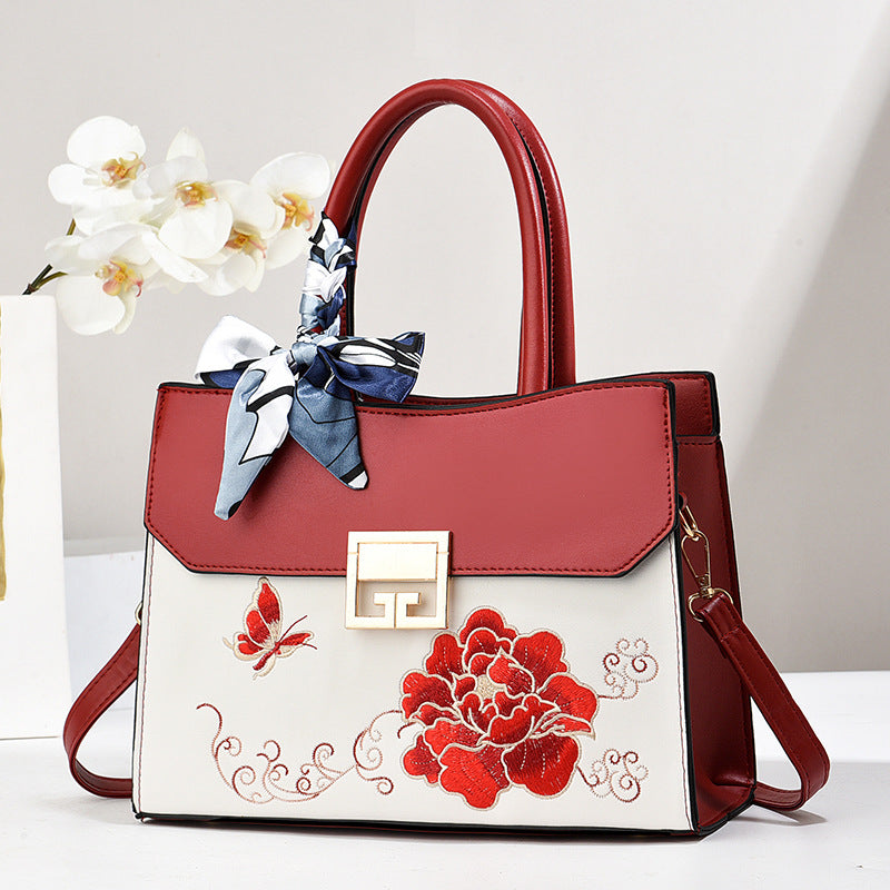 Dollcini Embroidered Women's Shoulder Bag (With Scarf) - Elegant Faux Leather Handbag, Blue or Red