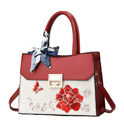 Dollcini Embroidered Women's Shoulder Bag (With Scarf) - Elegant Faux Leather Handbag, Blue or Red