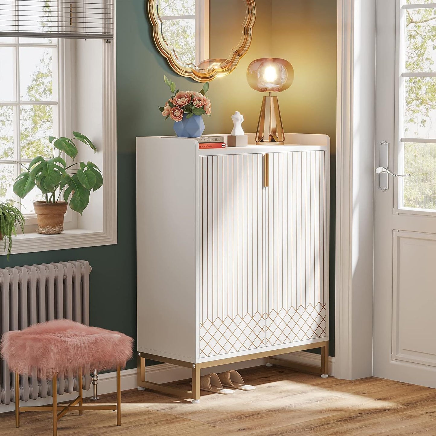 Dollcini Home Modern White Dresser with Gold Geometric Pattern