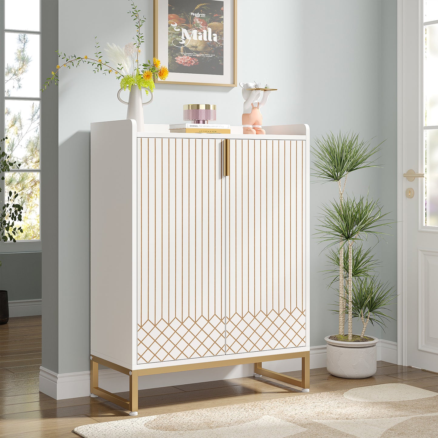 Dollcini Home Modern White Dresser with Gold Geometric Pattern