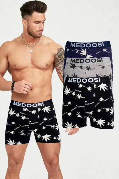 Dollcini Breathable Cotton Men's Boxer Briefs - 95% Cotton, Leaf Pattern, Set of 3