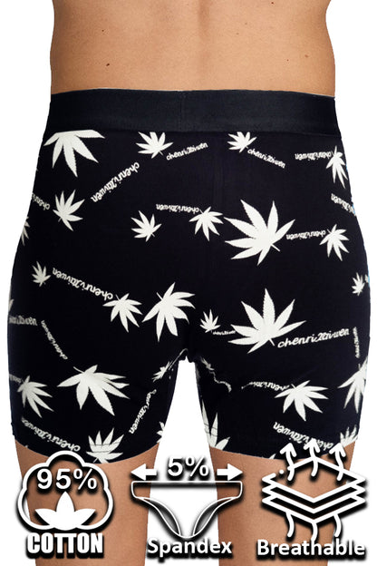 Dollcini Breathable Cotton Men's Boxer Briefs - 95% Cotton, Leaf Pattern, Set of 3