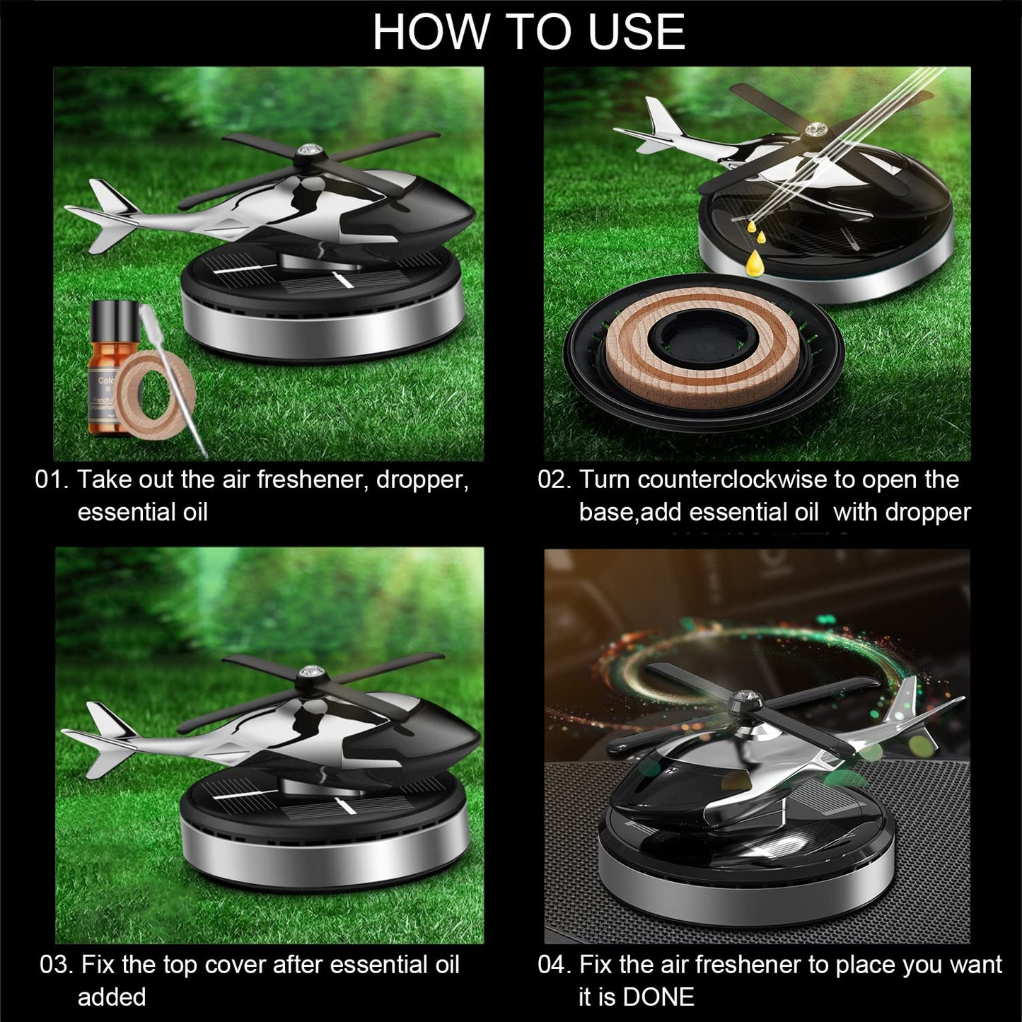 Dollcini, Helicopter-shaped solar car air freshener – rotating aroma diffuser (silver)