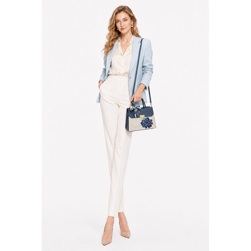 Dollcini Embroidered Women's Shoulder Bag (With Scarf) - Elegant Faux Leather Handbag, Blue or Red