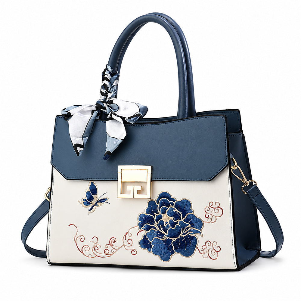 Dollcini Embroidered Women's Shoulder Bag (With Scarf) - Elegant Faux Leather Handbag, Blue or Red